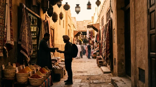 Scène de marchandage dans une ruelle de souk traditionnel avec étals de tissus et lumière dorée