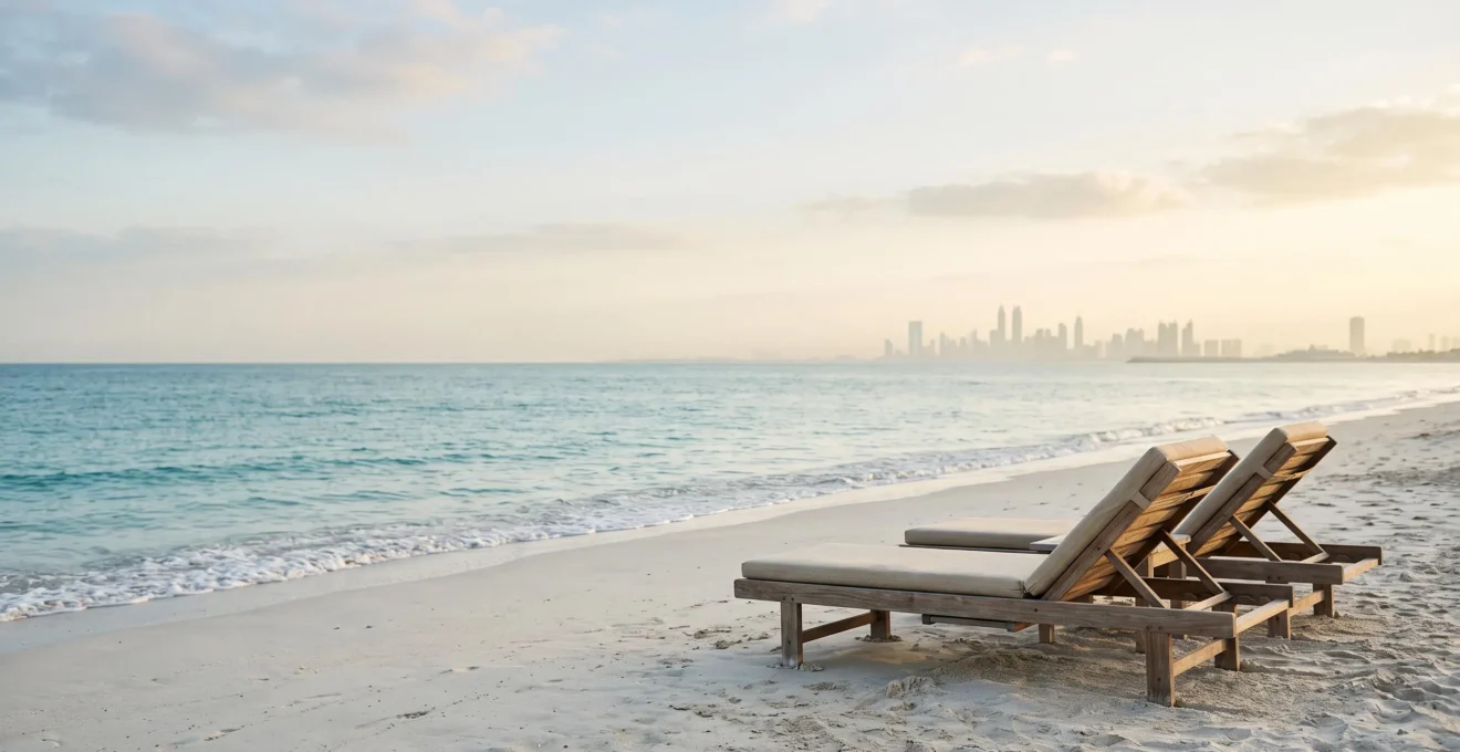 Plage isolée et luxueuse à Dubaï avec transats vides face à une mer turquoise calme, loin de la foule