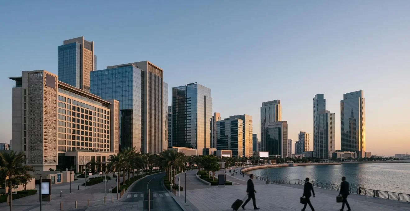 Vue d'ensemble d'un quartier d'affaires moderne avec tours de verre et hôtel de standing, symbolisant le choix stratégique d'un lieu pour un voyage d'affaires productif