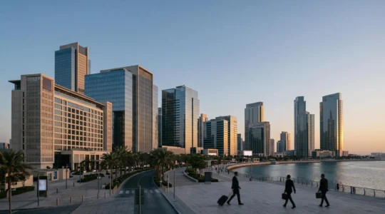 Vue d'ensemble d'un quartier d'affaires moderne avec tours de verre et hôtel de standing, symbolisant le choix stratégique d'un lieu pour un voyage d'affaires productif