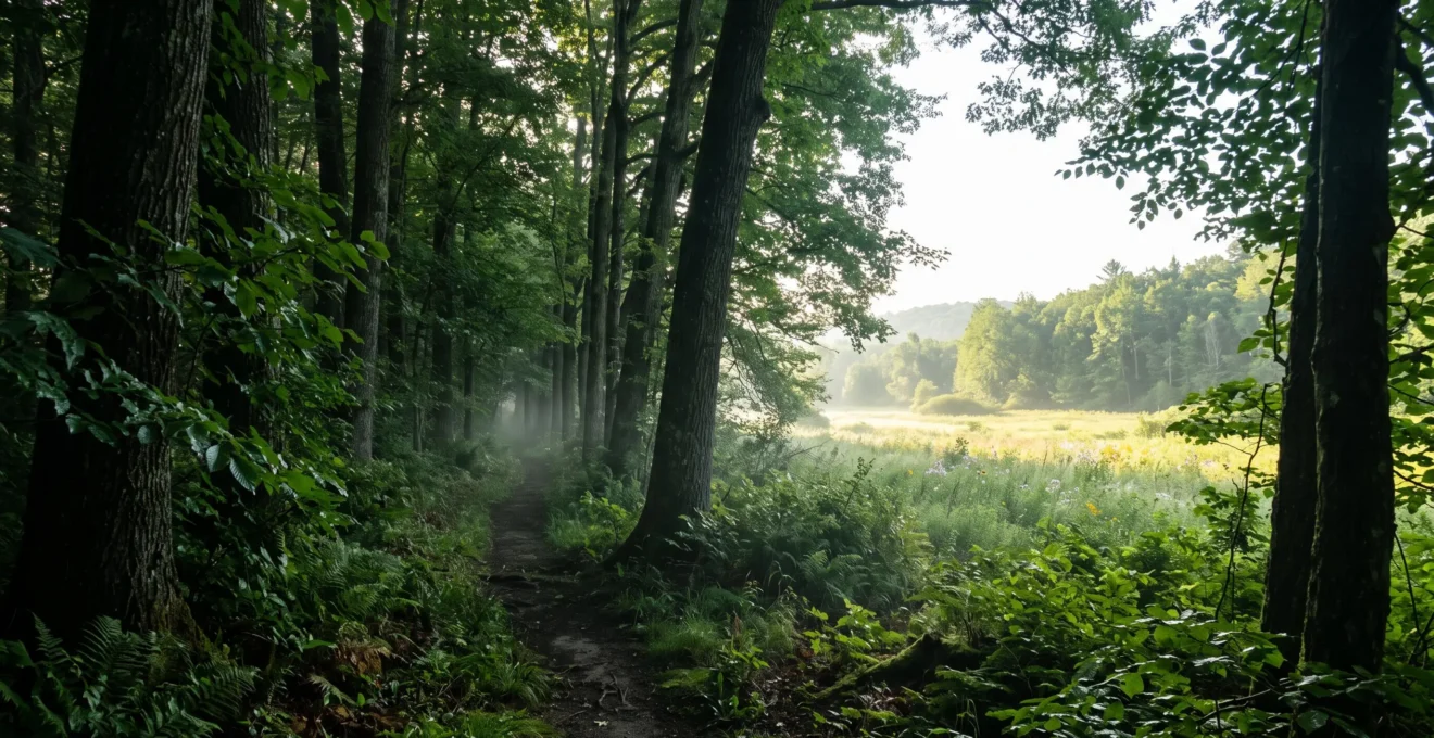 Un sentier ombragé traversant une végétation dense qui débouche sur une clairière baignée de lumière, symbolisant la transition entre la chaleur et la fraîcheur