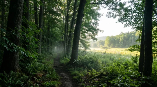 Un sentier ombragé traversant une végétation dense qui débouche sur une clairière baignée de lumière, symbolisant la transition entre la chaleur et la fraîcheur