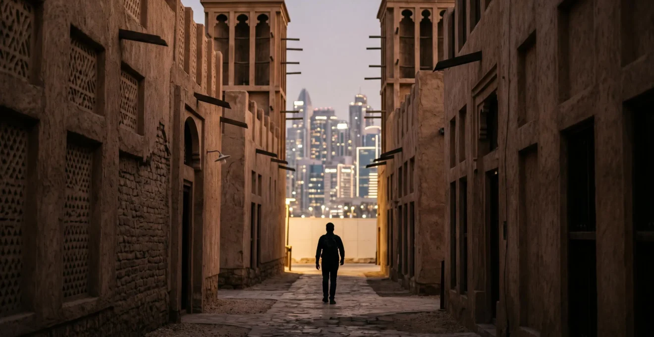 Ruelle étroite et ombragée du vieux Dubaï bordée de tours à vent, avec une silhouette solitaire marchant vers la lumière dorée du Creek