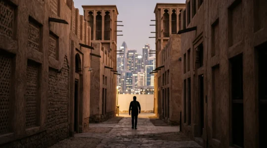 Ruelle étroite et ombragée du vieux Dubaï bordée de tours à vent, avec une silhouette solitaire marchant vers la lumière dorée du Creek
