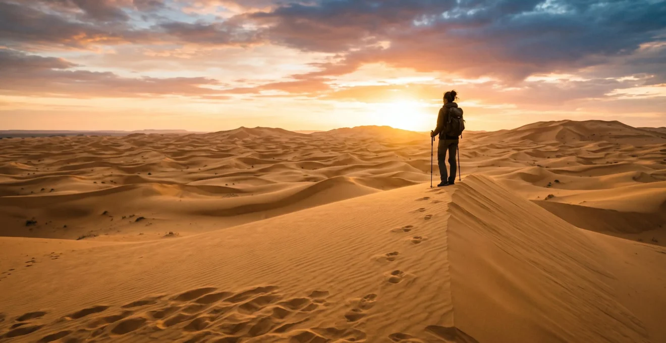 Un randonneur solitaire contemple l'immensite des dunes dorees au coucher du soleil, symbole d'une exploration respectueuse du desert