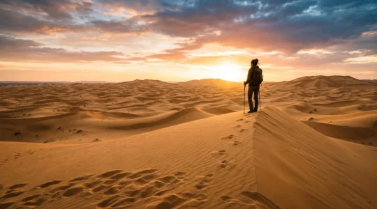 Un randonneur solitaire contemple l'immensite des dunes dorees au coucher du soleil, symbole d'une exploration respectueuse du desert