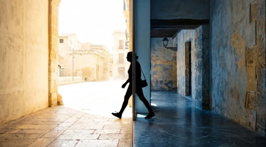 Silhouette de voyageur franchissant la frontière invisible entre une rue brulante et un intérieur frais et ombragé