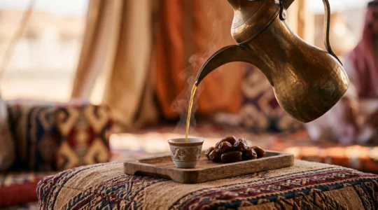 Une dallah traditionnelle en cuivre verse du café arabe fumant dans un petit finjan, posé sur un tapis de majlis, symbole d'hospitalité emiratie
