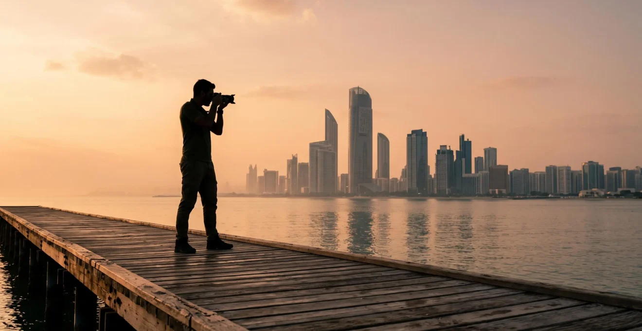 Photographe capturant la silhouette d'une skyline moderne au bord de mer sous une lumière dorée