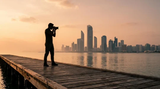 Photographe capturant la silhouette d'une skyline moderne au bord de mer sous une lumière dorée