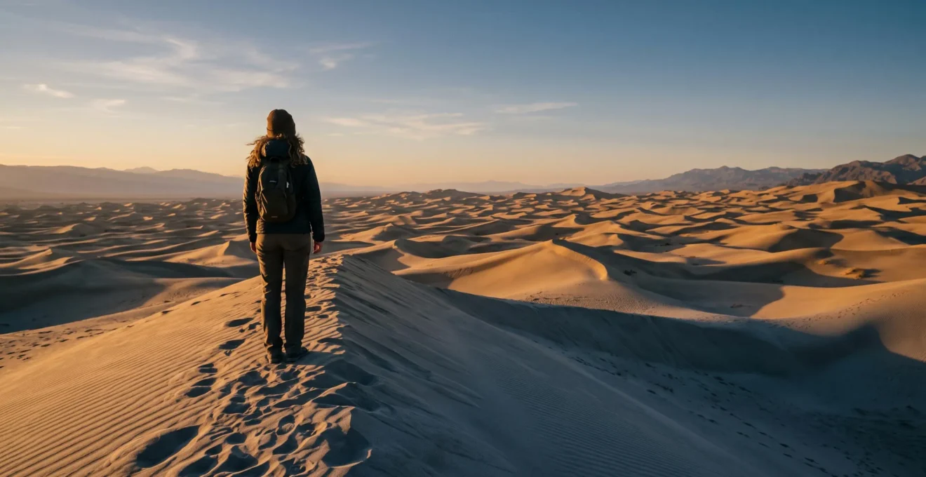 Silhouette d'un voyageur contemplant l'immensité silencieuse des dunes au crépuscule, symbole d'une réinitialisation intérieure