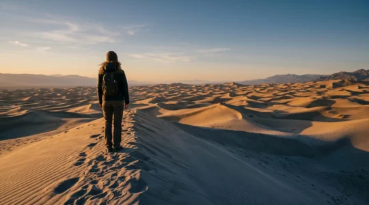 Silhouette d'un voyageur contemplant l'immensité silencieuse des dunes au crépuscule, symbole d'une réinitialisation intérieure