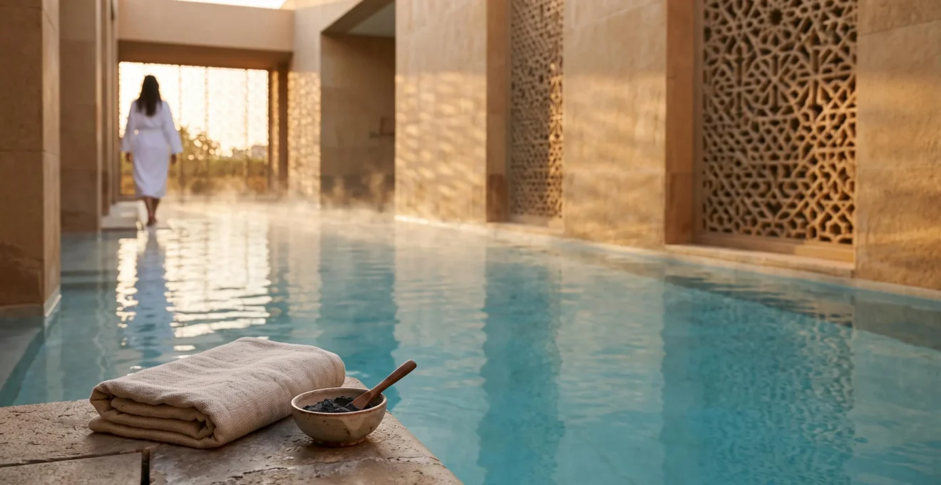 Espace spa élégant à Dubaï avec bassin d'eau calme et lumière douce évoquant la détente et la récupération