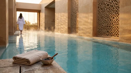 Espace spa élégant à Dubaï avec bassin d'eau calme et lumière douce évoquant la détente et la récupération