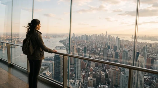 Voyageur serein contemplant une vue plongeante depuis le sommet d'un gratte-ciel, symbolisant la maîtrise du vertige