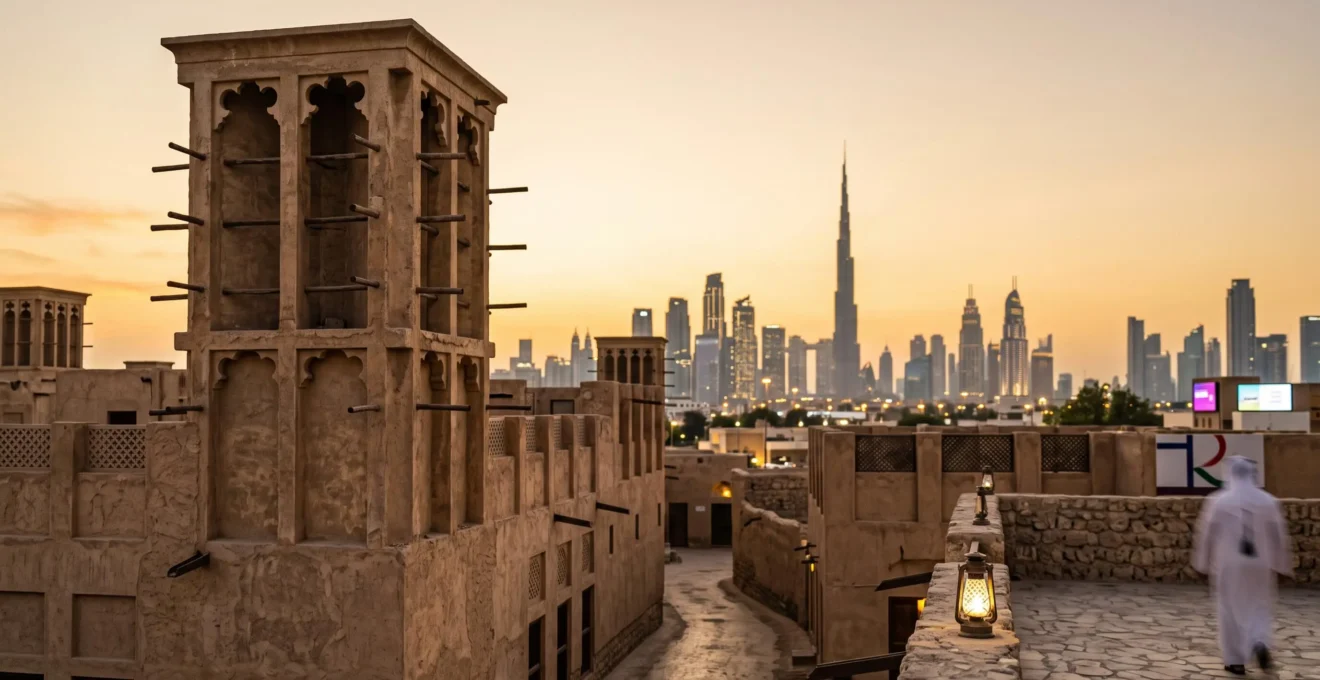 Tour à vent traditionnelle emiratie en premier plan avec les gratte-ciel de Dubaï en arrière-plan au coucher du soleil