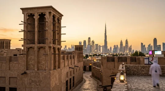 Tour à vent traditionnelle emiratie en premier plan avec les gratte-ciel de Dubaï en arrière-plan au coucher du soleil