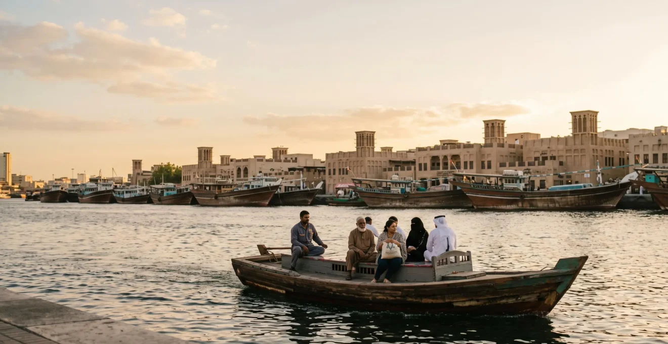 Un abra traditionnel en bois traverse le Dubai Creek au coucher du soleil, avec les dhows de Deira en arrière-plan