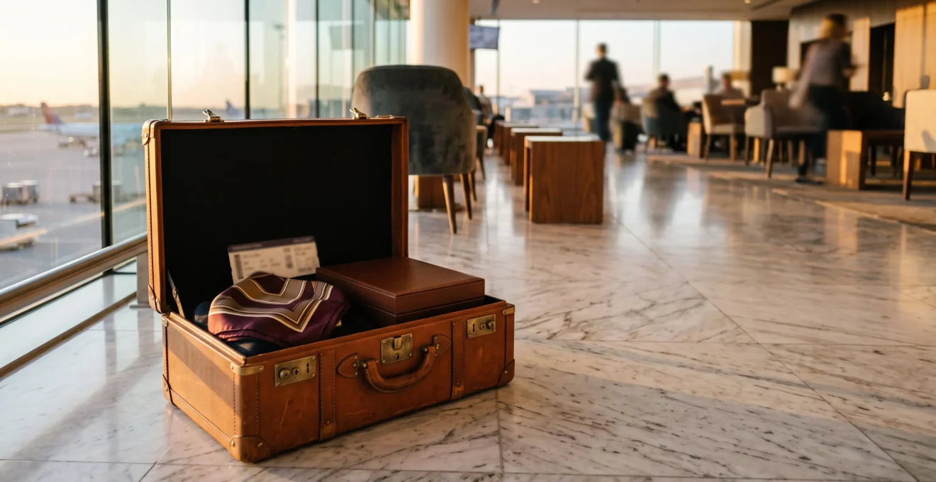 Valise en cuir de luxe ouverte laissant apparaitre un ecrin et une boite sans marque, symbole d'un achat de luxe authentique en voyage