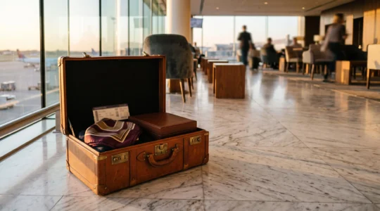 Valise en cuir de luxe ouverte laissant apparaitre un ecrin et une boite sans marque, symbole d'un achat de luxe authentique en voyage