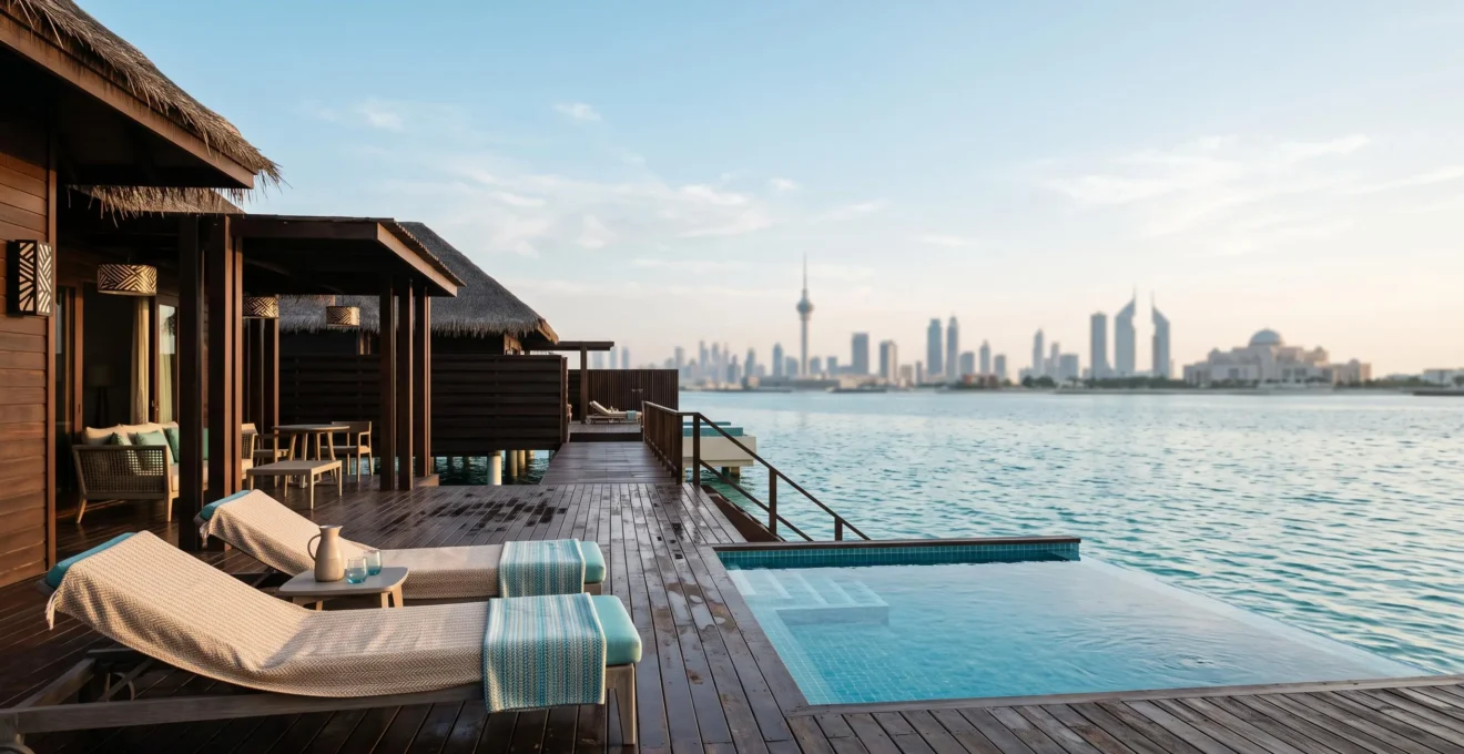Villa de luxe sur pilotis surplombant un lagon turquoise à Dubaï, avec la silhouette de la ville en arrière-plan au coucher du soleil
