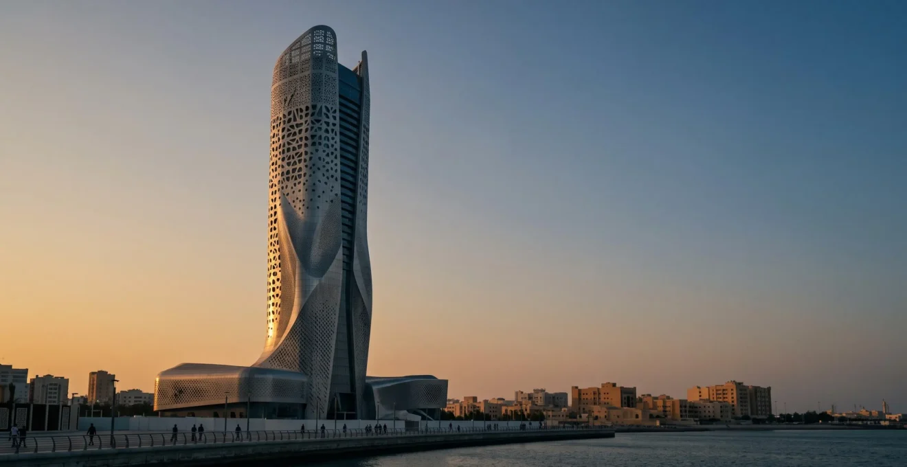 Silhouette d'un gratte-ciel futuriste au design audacieux se reflétant dans un plan d'eau au coucher du soleil, incarnant la fusion entre art et architecture