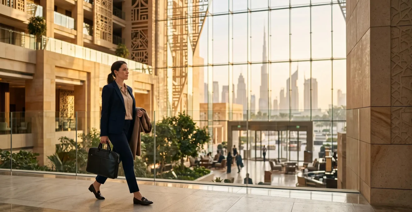 Homme d'affaires en costume traversant un hall d'hotel moderne a Dubai, valise a la main, skyline visible en arriere-plan