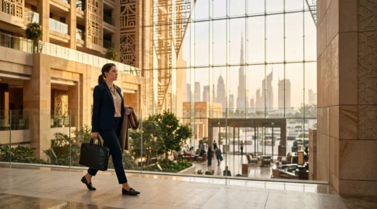 Homme d'affaires en costume traversant un hall d'hotel moderne a Dubai, valise a la main, skyline visible en arriere-plan
